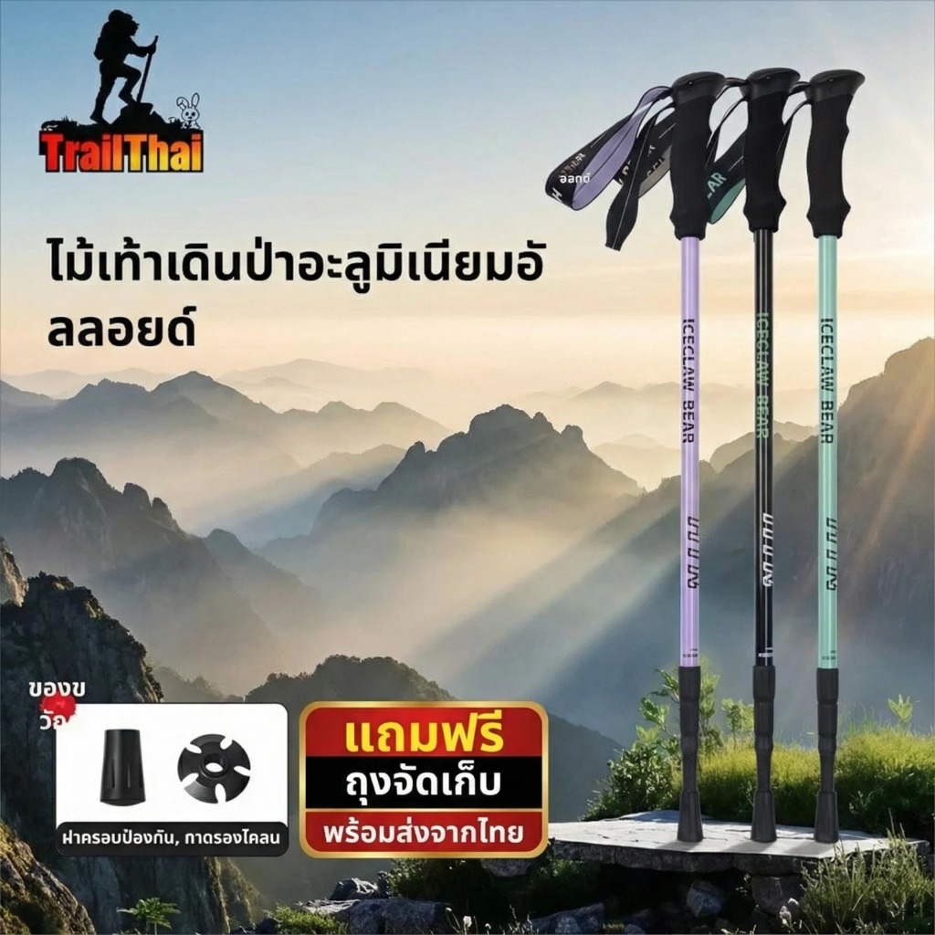 （จัดส่งจากประเทศไทย）Outdoor ไม้เท้าพับ7075 ได้อลูมิเนียมน้ำหนักเบาทองสำหรับการเดินป่ากลางแจ้ง