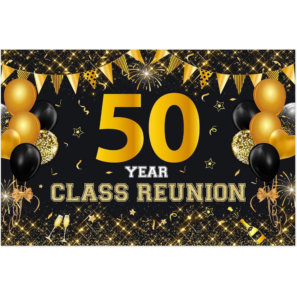 Class Reunion แบนเนอร์ปาร์ตี้การถ่ายภาพฉากหลังสีดําและสีขาว 50th School Reunion Decore พื้นหลังสําหร