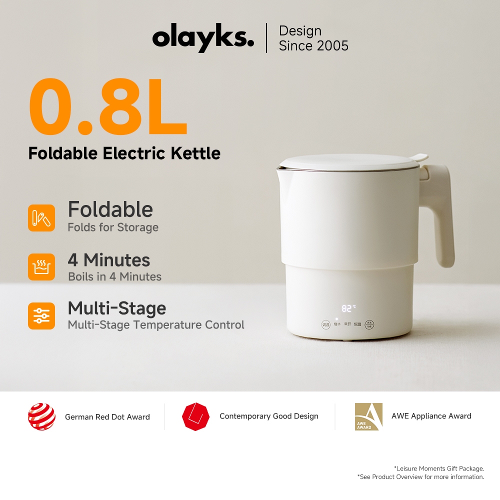 Olayks กาต้มน้ำไฟฟ้าแบบพับได้สำหรับเดินทาง ความจุ 800 มล. พร้อมแผงควบคุมอเนกประสงค์ ฟังก์ชันอุ่นร้อนและตั้งเวลาการทำงาน ปลอดสาร BPA กำลังไฟ 1000W ผลิตจากสแตนเลส 316 สีขาว