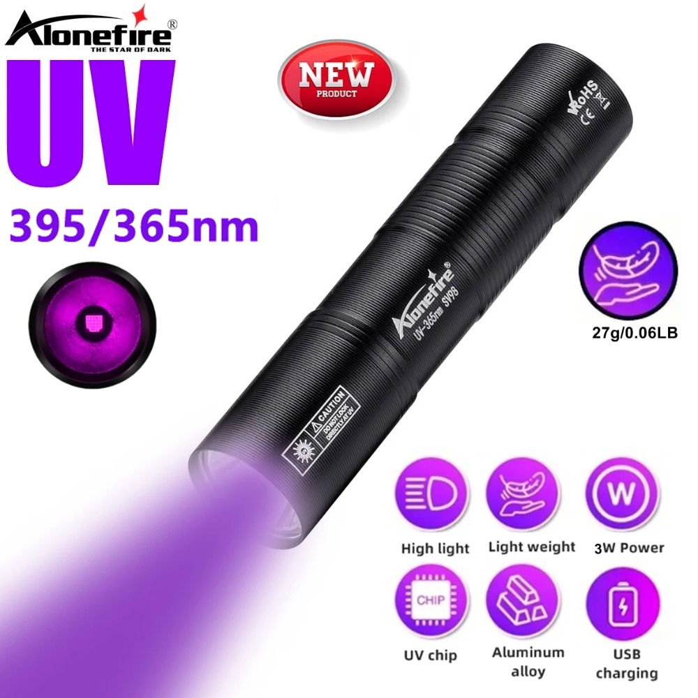 ไฟฉาย UV อัลตราไวโอเลตขนาดเล็กชาร์จผ่านUSB สำหรับตรวจสอบปัสสาวะสัตว์เลี้ยง แสงเพื่อเล็บ และการทำเครื่องหมายเงินแร่