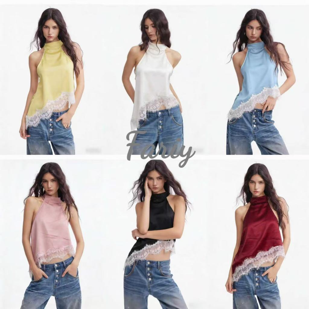 Fariy🍒คลังสินค้าพร้อม🍒 เสื้อครอปสายคล้องคอผ้าลูกไม้เซ็กซี่ ปี 2026 แบบเปิดหลัง สีพื้น ช่วยให้ดูผอมเพรียว ใส่ได้หลายโอกาส