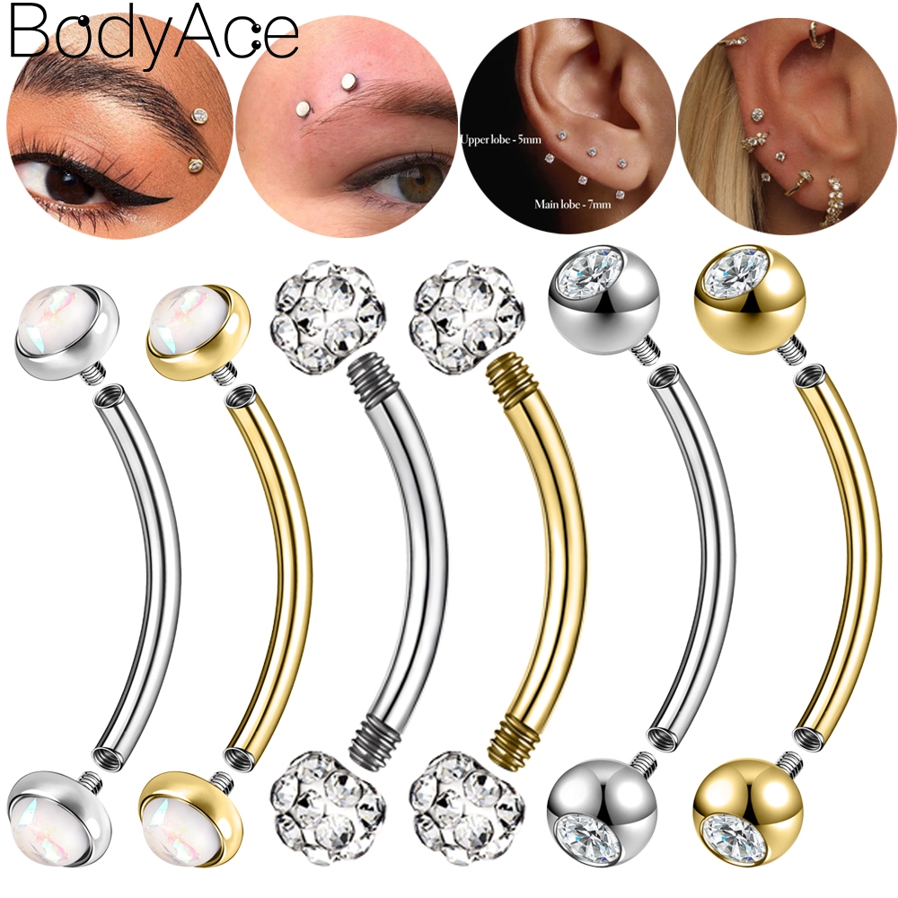 Bodyace 14G แหวนคิ้วคริสตัลคิ้วเจาะสแตนเลสเจาะร่างกาย 1 Pc Gold Body เครื่องประดับด้ายภายในแนวนอนแหวนคิ้ว Helix ต่างหูเงินแหวนสะดือ