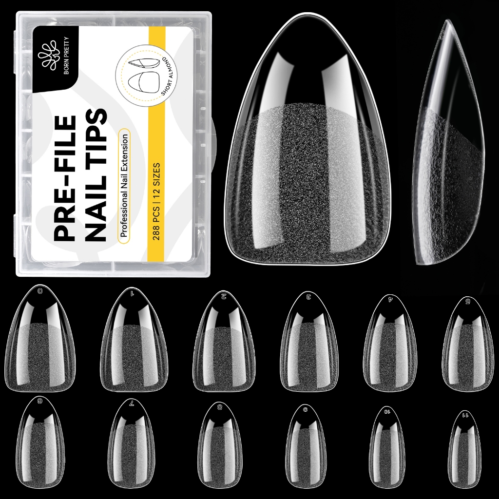 BORN PRETTY 288 ชิ้นสั้นอัลมอนด์เล็บเคล็ดลับครึ่ง Matte เล็บปลอมเล็บปลอม 12 ขนาด Pre-shape เล็บใสเคล็ดลับสําหรับคลุมทั้งหมด