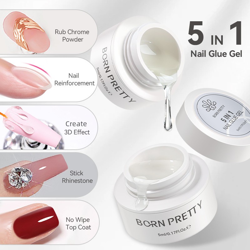 BORN PRETTY 5 IN 1 กาวเจลโปแลนด์ Rub Powder Reinforce Nails 3D Sculpting Stick Rhinestones Top Coat 30g/5g