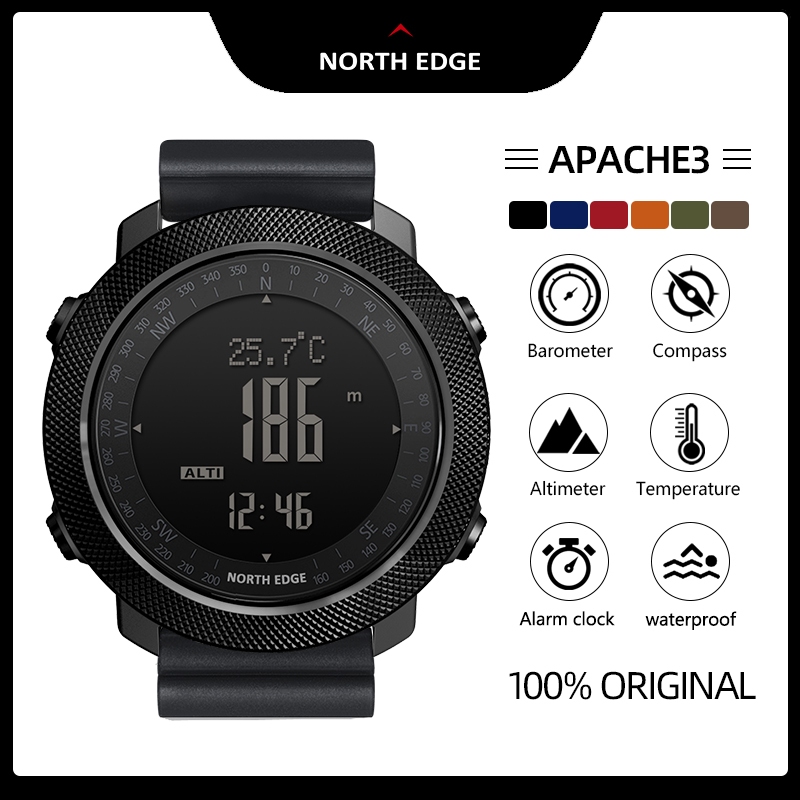 NORTH EDGE นาฬิกาดิจิตอลยุทธวิธีทางทหาร กันน้ำ 50 เมตร ตัวเรือนโลหะผสม นาฬิกาสำหรับผู้ชายสำหรับกิจกรรมกลางแจ้ง มีมาตรวัดความสูง มาตรวัดความดันบรรยากาศ เข็มทิศ ปีนเขา ว่ายน้ำ และนับก้าว APACHE 3