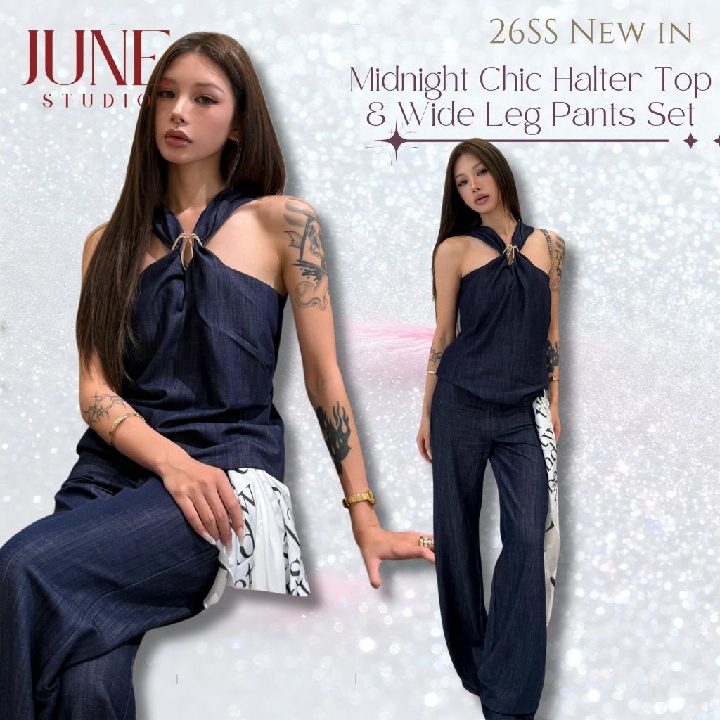 [June Studio] ชุดสองชิ้นสไตล์ Retro ล้าง Denim พร้อมTube Top และกางเกงเอวสูงขาบาน ทรงเรียวยาว