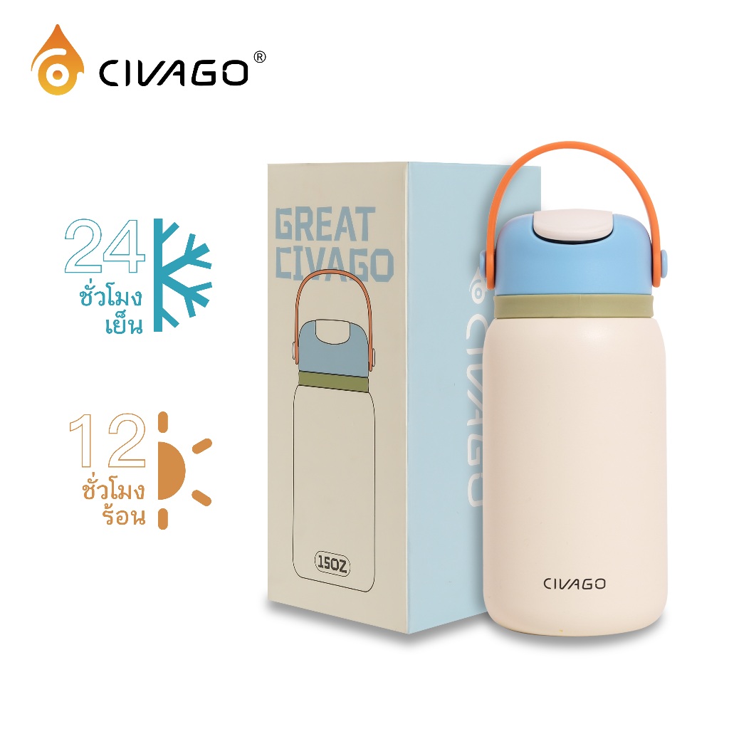 CIVAGO （15oz/450ml） กระติกน้ําสูญญากาศ 316 สแตนเลสน่ารักขวดน้ําแบบพกพามีสไตล์เด็กฟาง tumbler