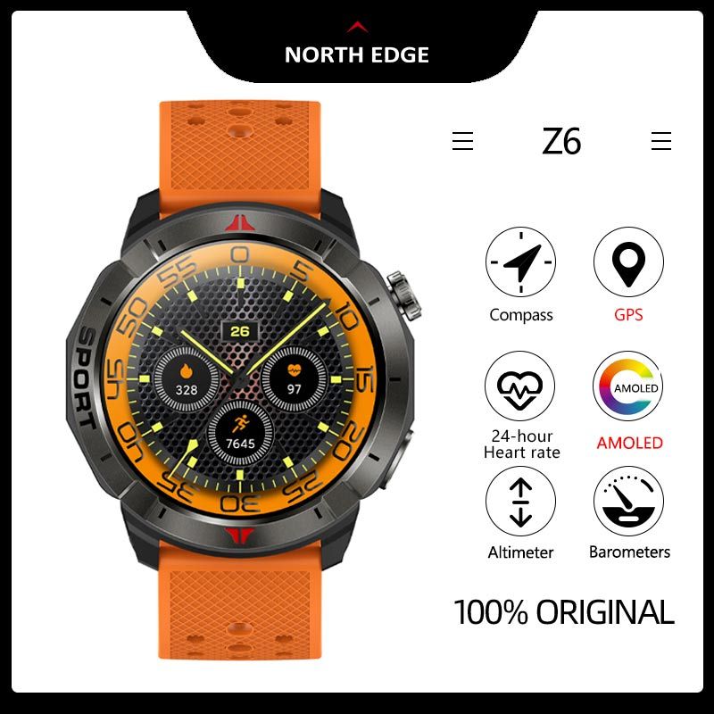 NORTH EDGE นาฬิกาผู้ชายอัจฉริยะ GPS หน้าจอ AMOLED พร้อม AOD เครื่องวัดความสูง เครื่องวัดความดันอากาศ เข็มทิศ สำหรับกิจกรรมกลางแจ้ง กันน้ำ IP68 วัดออกซิเจนในเลือด โหมดกีฬามากกว่า 100 โหมด รุ่น Z6