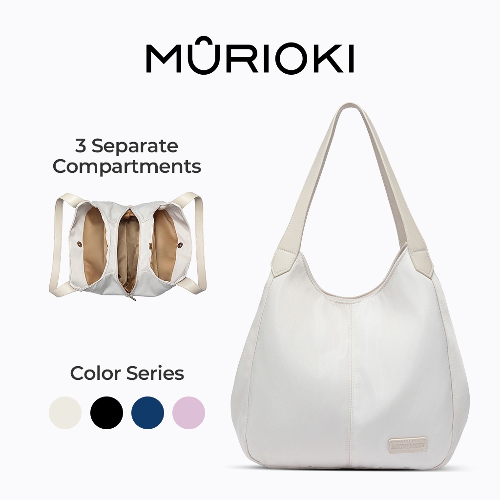 MURIOKI-Lily Womens Shoulder Tote Bag Large 12 Nylon Twill + สายหนัง Hobo/Tote Bag with Zipper (29x10x31CM)