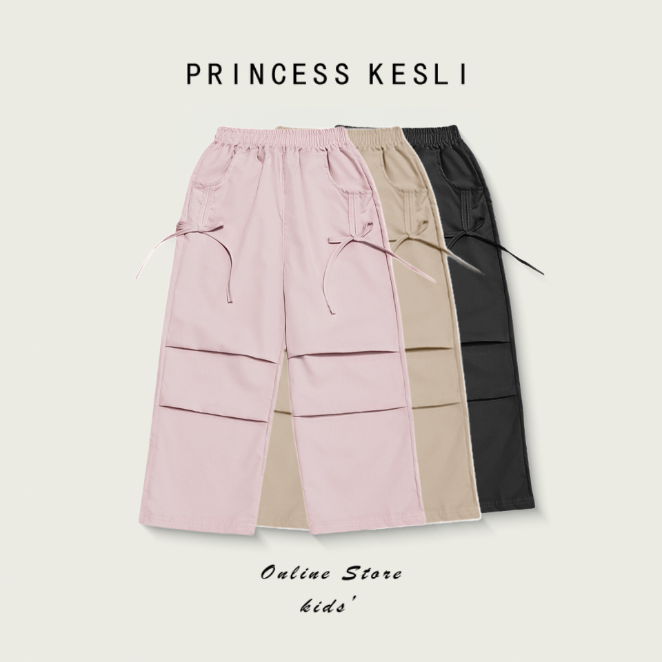 Princess Kesli กางเกงแฟชั่นเด็กสาว เอวยางยืด ทรงหลวมสบายๆ กางเกงคาร์โก้เด็ก 2-14ปี