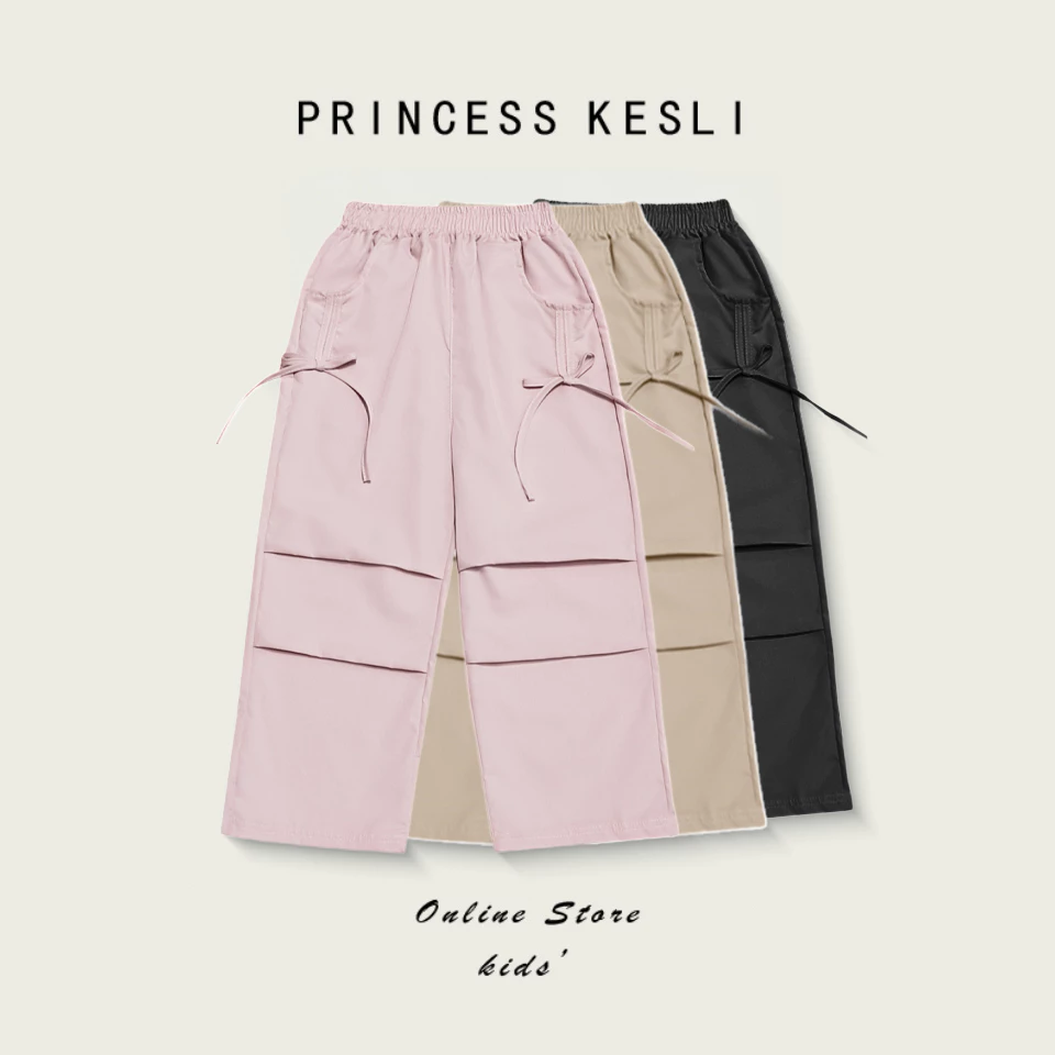 Princess Kesli กางเกงแฟชั่นเด็กสาว เอวยางยืด ทรงหลวมสบายๆ กางเกงคาร์โก้เด็ก 2-14ปี