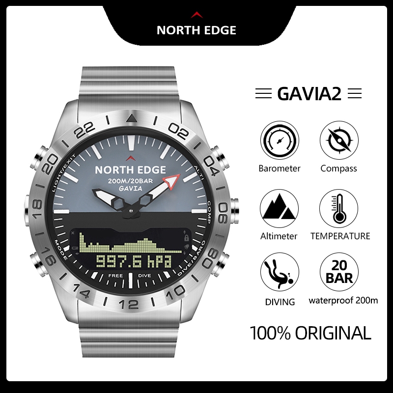 NORTH EDGE นาฬิกาผู้ชายสไตล์ Diving Luxury ตัวเรือนสแตนเลส Tactical ดิจิทัล กันน้ำ 200M เครื่องวัดความสูง บารอมิเตอร์ เข็มทิศ อุณหภูมิสำหรับดำน้ำ GAVIA