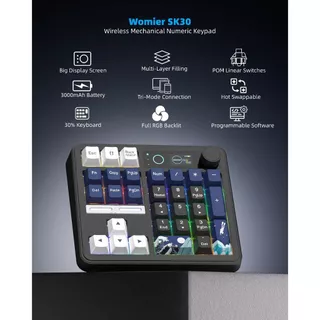 Womier SK30 คีย์บอร์ด Numpad พร้อมหน้าจอ & Knob Bluetooth5.0/2.4G/Type-C ปะเก็นไร้สายแป้นพิมพ์ตัวเลขสําหรับ PC