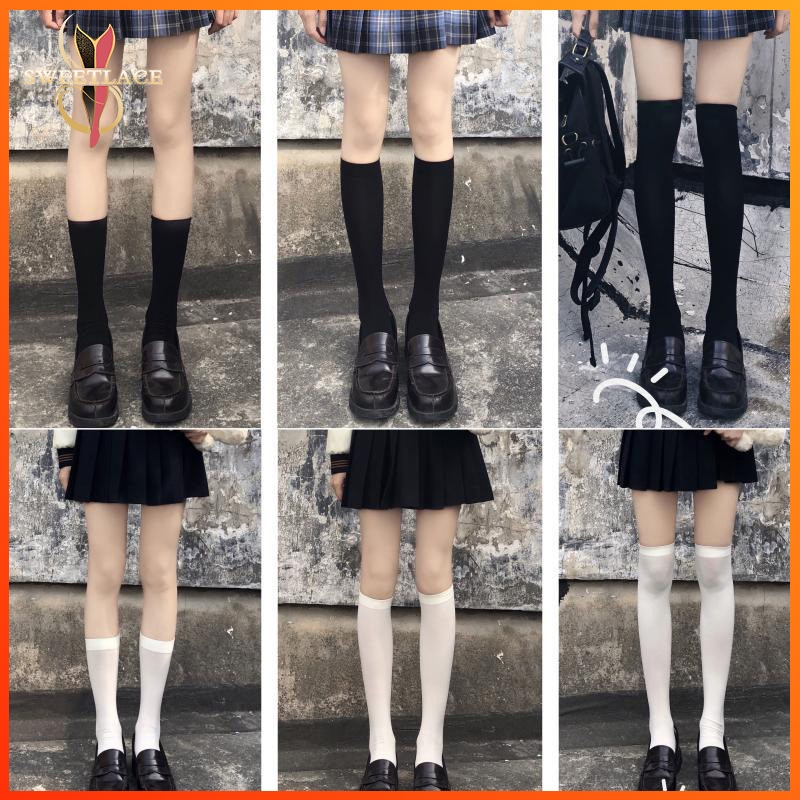 ถุงน่องยาวสำหรับผู้หญิงในสไตล์นักเรียนญี่ปุ่น สีทึบและยืดหยุ่นสูง เหมาะสำหรับสวมใส่แบบ Lolita