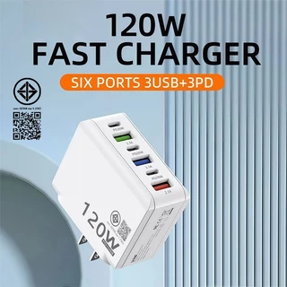 6 พอร์ต อะแดปเตอร์ชาร์จเร็ว 120W PD USB QC3.0 3.1A USB Type C charge