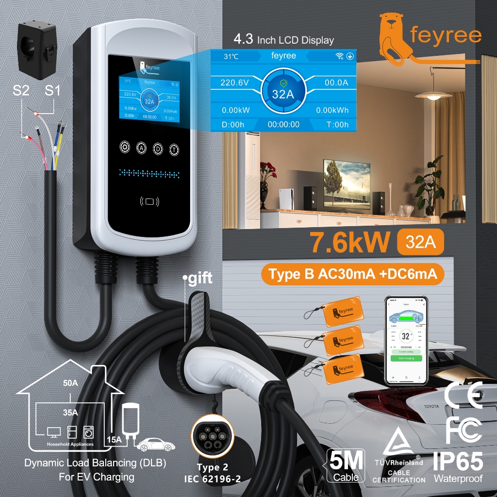 Feyree Type2 EV Charger หน้าจอ 4.3 นิ้ว 32A 7.6KW แบบไดนามิกโหลด Blancing 11KW 22KW 3Phase EVSE Wallbox APP พร้อมชาร์จประวัติ