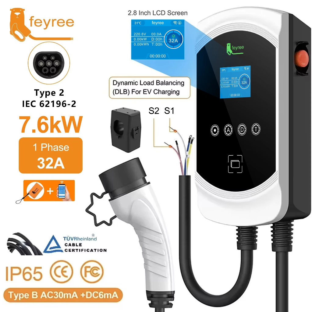 Feyree EV Charger Type2 สาย 32A 7.6KW แบบไดนามิกโหลด Blancing EVSE Wallbox APP ฟังก์ชั่น 11KW 22KW สถานีชาร์จไฟฟ้ารถ
