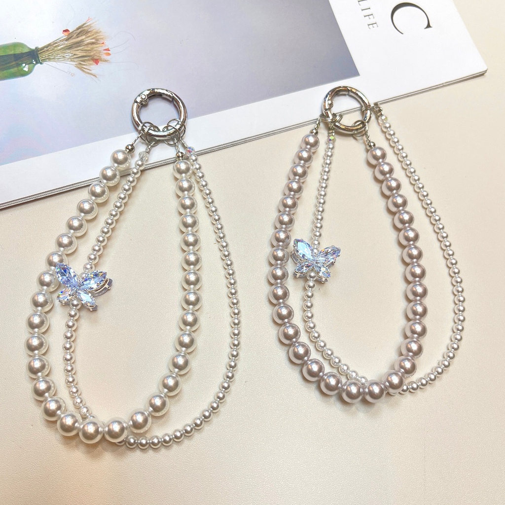 เชือกเส้นเล็กโทรศัพท์มุกสไตล์เกาหลี | พวงกุญแจผีเสื้อคริสตัลหรูหราสําหรับกระเป๋า/โทรศัพท์