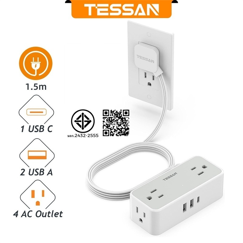 TESSAN ปลั๊กไฟต่อขยายชุดปลั๊กบางเฉียบพร้อมซ็อกเก็ตสายไฟต่อขยายขนาดเล็ก USB + Type C ปลอดภัยและทนทาน