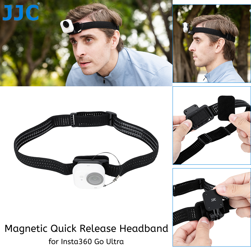 JJC Magnetic Quick Release Headband สําหรับกล้อง Insta360 GO Ultra,ขี่จักรยาน POV First-person View Head Mounted Bracket Holder พร้อมความปลอดภัย Tether & ปรับ 48-62 ซม.สายระบายอากาศ
