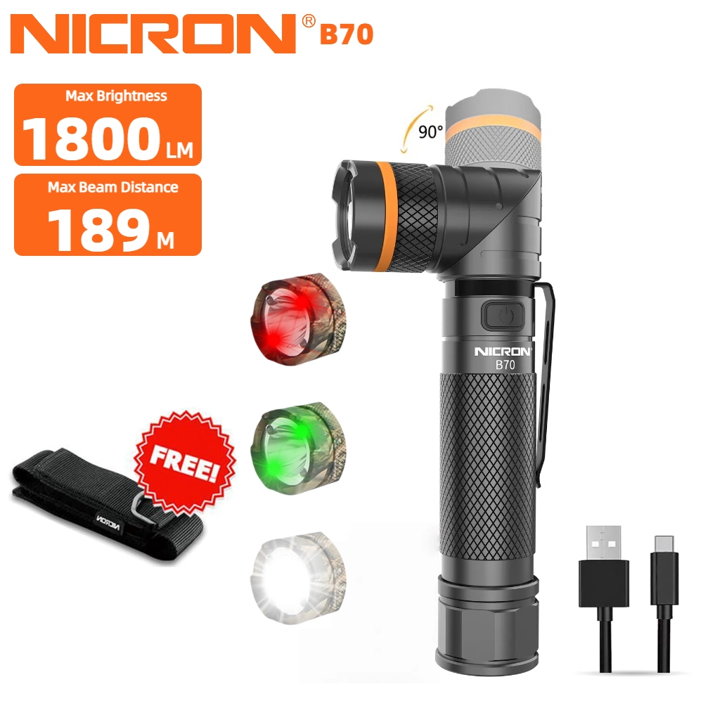 NICRON B70 / B70 พลัสไฟฉาย 90 °หมุนไฟฉายแบบชาร์จไฟหมุนคลิปแฮนด์ฟรี 1800/1200 ลูเมน 3 สีแสงกันน้ำ IP65 ไฟฉายแม่เหล็กที่แข็งแกร่ง