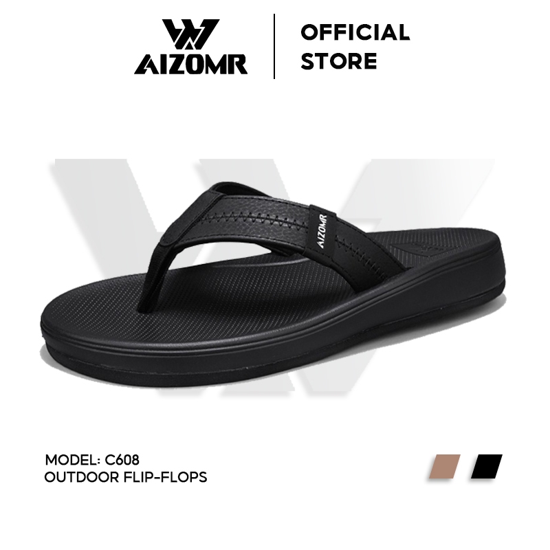 AIZOMR รองเท้าผู้ชาย รองเท้าชายหาด กันลื่น วัสดุ EVA/หนัง แห้งเร็ว ดีไซน์ดั้งเดิม สีดํา รุ่น C608