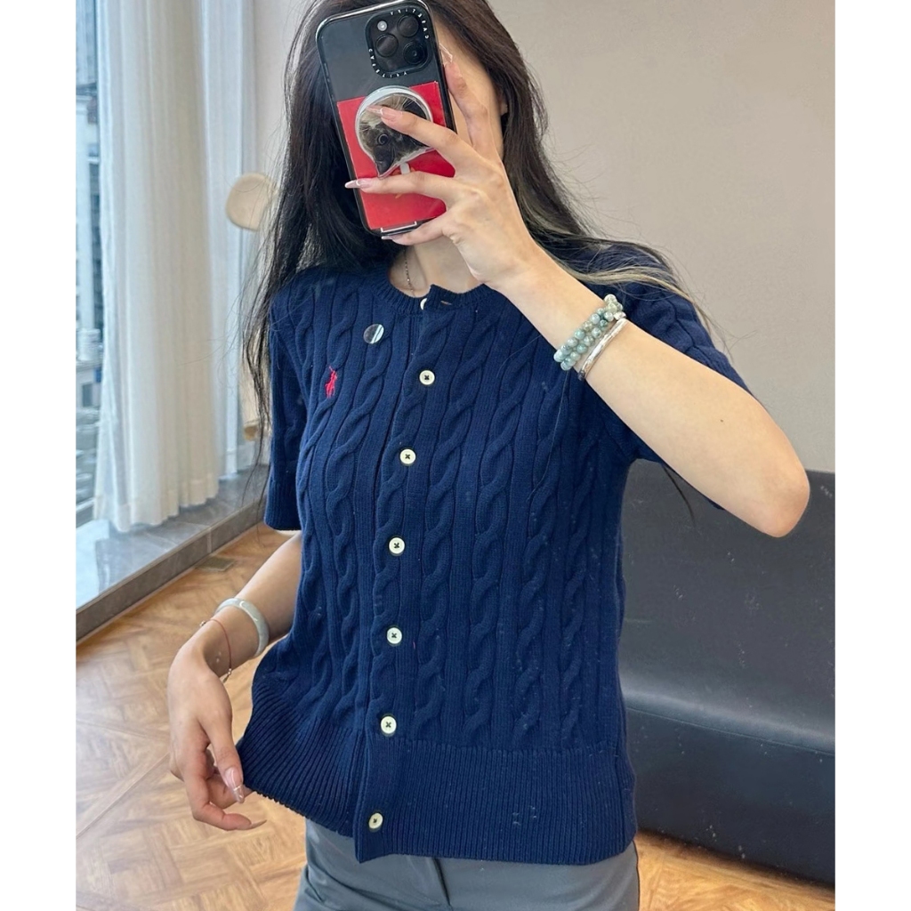 เสื้อไหมพรมแขนสั้น สุภาพสตรีคาร์ดิแกนเสื้อกันหนาวผ้าฝ้ายแท้ฤดูใบไม้ผลิฤดูร้อนปักหน้าอกถัก