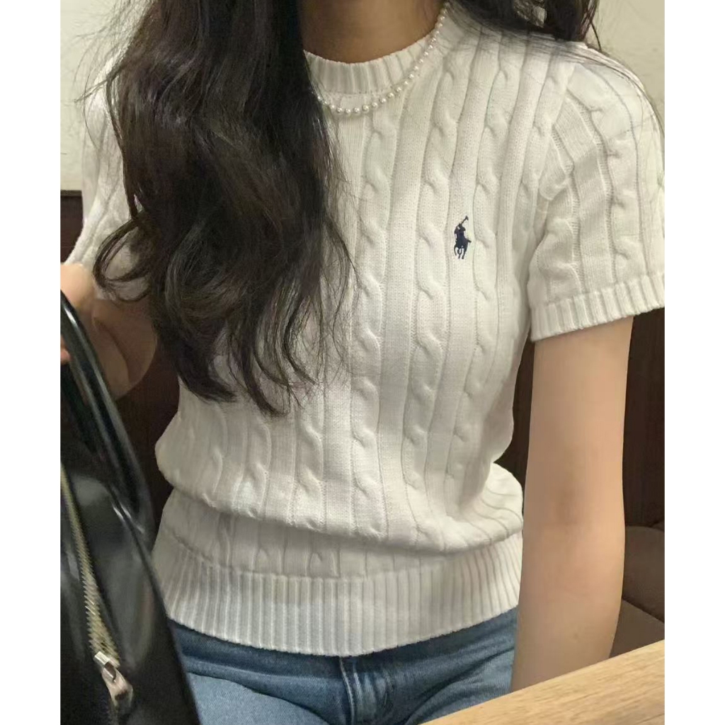 เสื้อไหมพรมแขนสั้น สุภาพสตรี ทอลายบิดรอบคอด้วยไหมพรมและฝ้ายแท้ เหมาะสำหรับฤดูใบไม้ผลิและฤดูร้อน