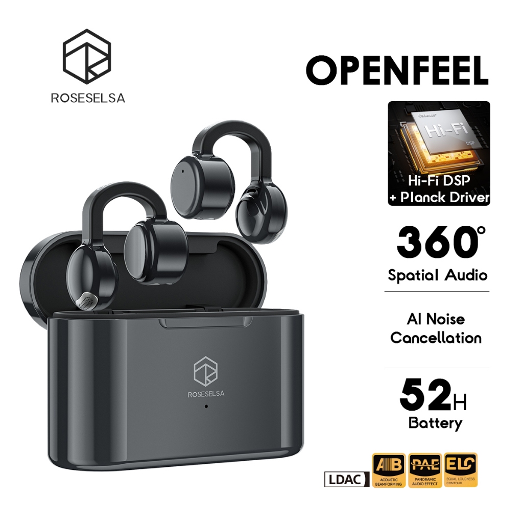 ROSESELSA OPENFEEL หูฟังไร้สายแบบ Clip-On  ดีไซน์เปิดหู ใส่ออกกำลังกายแน่น ไม่อุดหู  แบตอึด 52 ชม.  โหมดเกม LC3 ดีเลย์ต่ำ 20ms  Bluetooth 5.4  รองรับ LDAC / LHDC เสียง Hi-Fi