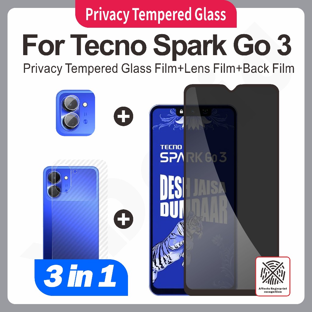 (3-In-1) เหมาะสําหรับชุดฟิล์มป้องกัน Tecno Spark Go 3 4G | กระจกนิรภัยความละเอียดสูงฝ้าความเป็นส่วนตัวเซรามิกฟิล์มนุ่ม+ฟิล์มเลนส์กล้อง+ฟิล์มหลังคาร์บอนไฟเบอร์