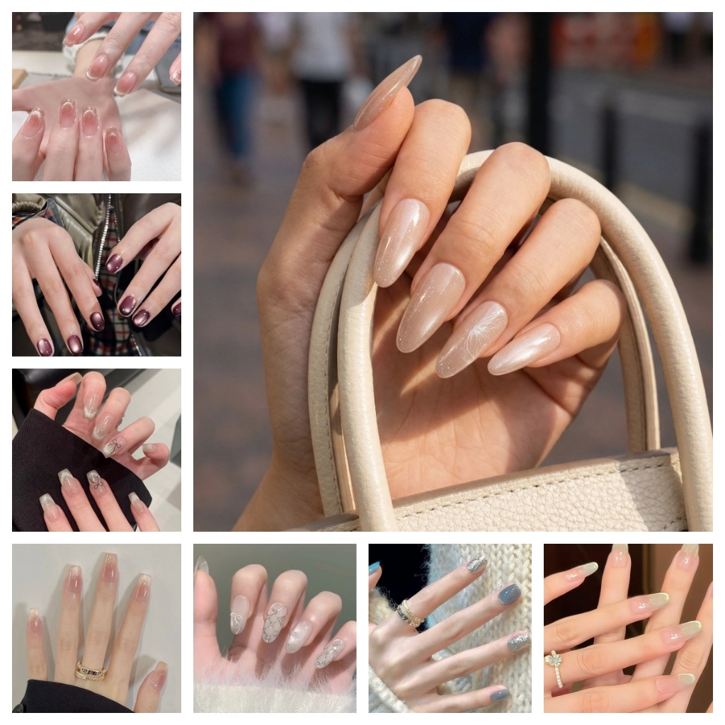 10 ชิ้นสั้นHandmade เล็บปลอมพร้อมการออกแบบตาแมว,สีทึบและเล็บปลอมที่เรียบง่ายพร้อมเจลเยลลี่