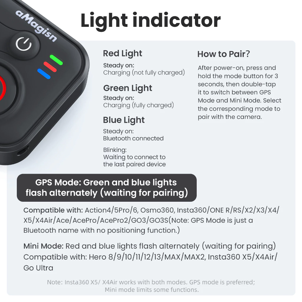 【🇹🇭 กรุงเทพฯ】Amagisn 50M Universal Bluetooth Remote for Insta360 X5/X4 Air/Ace Pro/GoPro Hero 13/12/DJI Action 6/5 pro/iOs/Android โทรศัพท์กีฬากล้องอุปกรณ์เสริม thumbnail 6