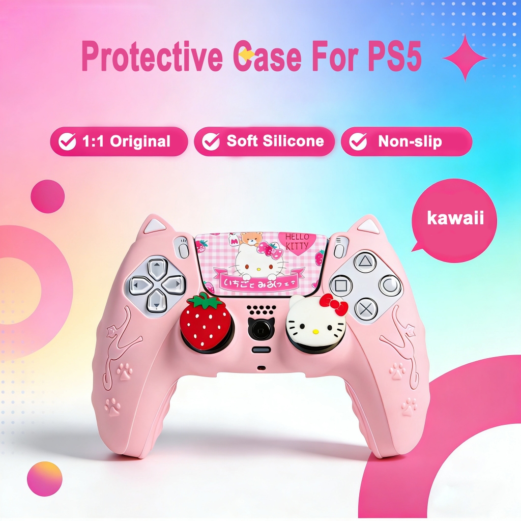 สีชมพู Kitty Cat ซิลิโคนนุ่มสําหรับ PS5 ผิวสําหรับ Sony Dualsense 5 PS5 Controller กรณี 2PCS Thumb Grip Caps และ 1 ชิ้นสติกเกอร์