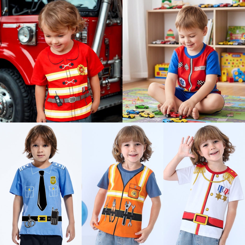 เสื้อยืดสําหรับเด็กทารก Fireman เครื่องแต่งกายสําหรับเด็กเด็กตํารวจแปลกใหม่ Tees ผ้าฝ้ายนักบินอวกาศ Tops Pilot Holloween Prince การถ่ายภาพเสื้อผ้า Race รถ Driver คอสเพลย์