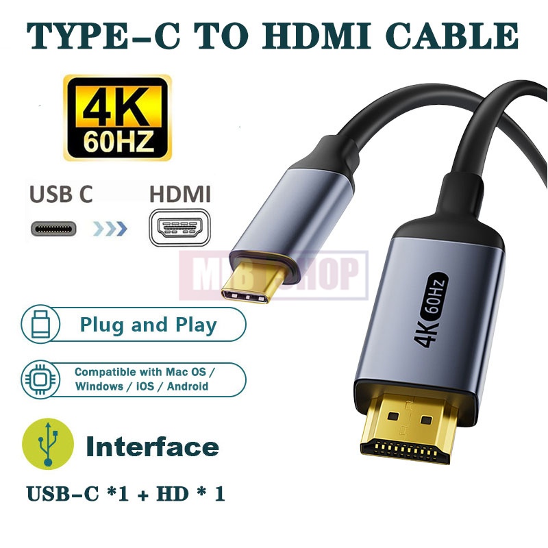 สายสัญญาณภาพ Type-C to HDMI ความละเอียด 4K 60Hz ยาว 3/2/1 เมตร เชื่อมต่อ สมาร์ทโฟน แท็บเล็ต พอร์ต USB Type C to HDTV Adapter Cable