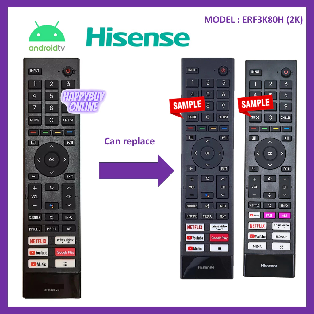 ใช้งานร่วมกับ Hisense Android 2K UHD สมาร์ททีวีรีโมทคอนโทรล ERF3K80H(2K) รีโมททีวี Hisense สมาร์ททีว