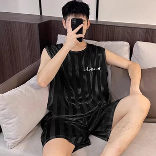 ชุดนอนผู้ชาย เสื้อกล้าม กางเกงขาสั้น ผ้าซาตินสุดหรู ผ้าเย็น ผ้านิ่มไม่เเข็ง