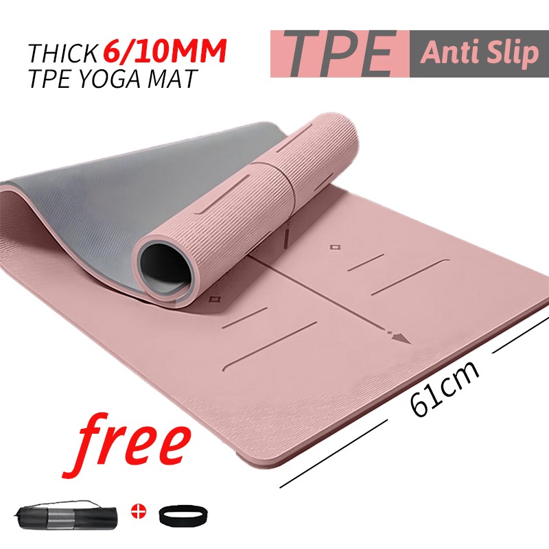 เสื่อโยคะ 6/10 มม.TPE ความหนาแน่นสูงนุ่มลื่น Dual Layer พร้อมการจัดตําแหน่งการออกกําลังกายฟิตเนสรสจืดหนาเริ่มต้นแบบไดนามิก Rebound