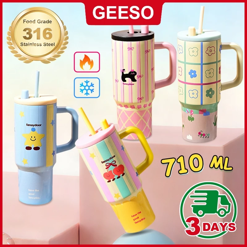 GEESO แก้วเยติ 316แก้วสแตนเลส ใหม่การ์ตูน ใหญ่ความจุ แก้วกาแฟหุ้มฉนวน กระติกน้ําเก็บความร้อนแบบพกพา 316 Stainless Steel Handheld Thermos Tumbler Bottle Insulated Vacuum Hot &Cold Thermos Cup 710ml 手提吨吨杯