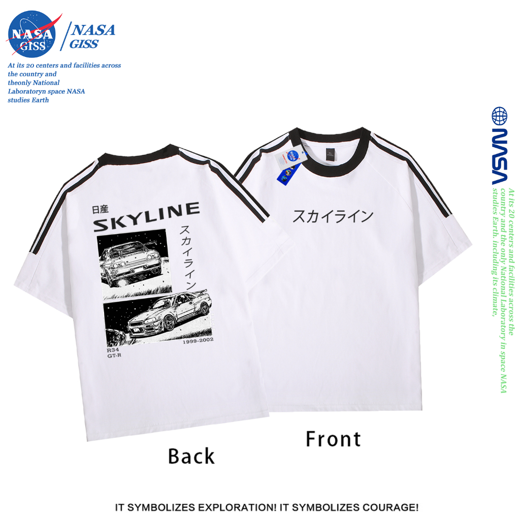 NASA เสื้อยืดสามแถบชายหญิง oversize แขนสั้น สไตล์ลำลอง summer ขอบฟ้า GTR พิมพ์ลาย คอตตอน100% คอกลม หลวมและระบายอากาศ