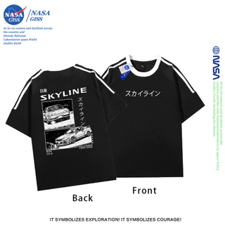 NASA เสื้อยืดสามแถบชายหญิง oversize แขนสั้น สไตล์ลำลอง summer ขอบฟ้า GTR พิมพ์ลาย คอตตอน100% คอกลม หลวมและระบายอากาศ