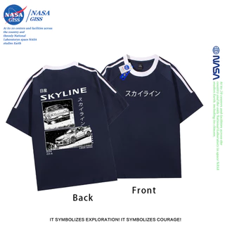 NASA เสื้อยืดสามแถบชายหญิง oversize แขนสั้น สไตล์ลำลอง summer ขอบฟ้า GTR พิมพ์ลาย คอตตอน100% คอกลม หลวมและระบายอากาศ