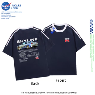 NASA เสื้อยืดสามแถบชายหญิง oversize แขนสั้น สไตล์ลำลอง summer GTR พิมพ์ลาย คอตตอน100% คอกลม หลวมและระบายอากาศ