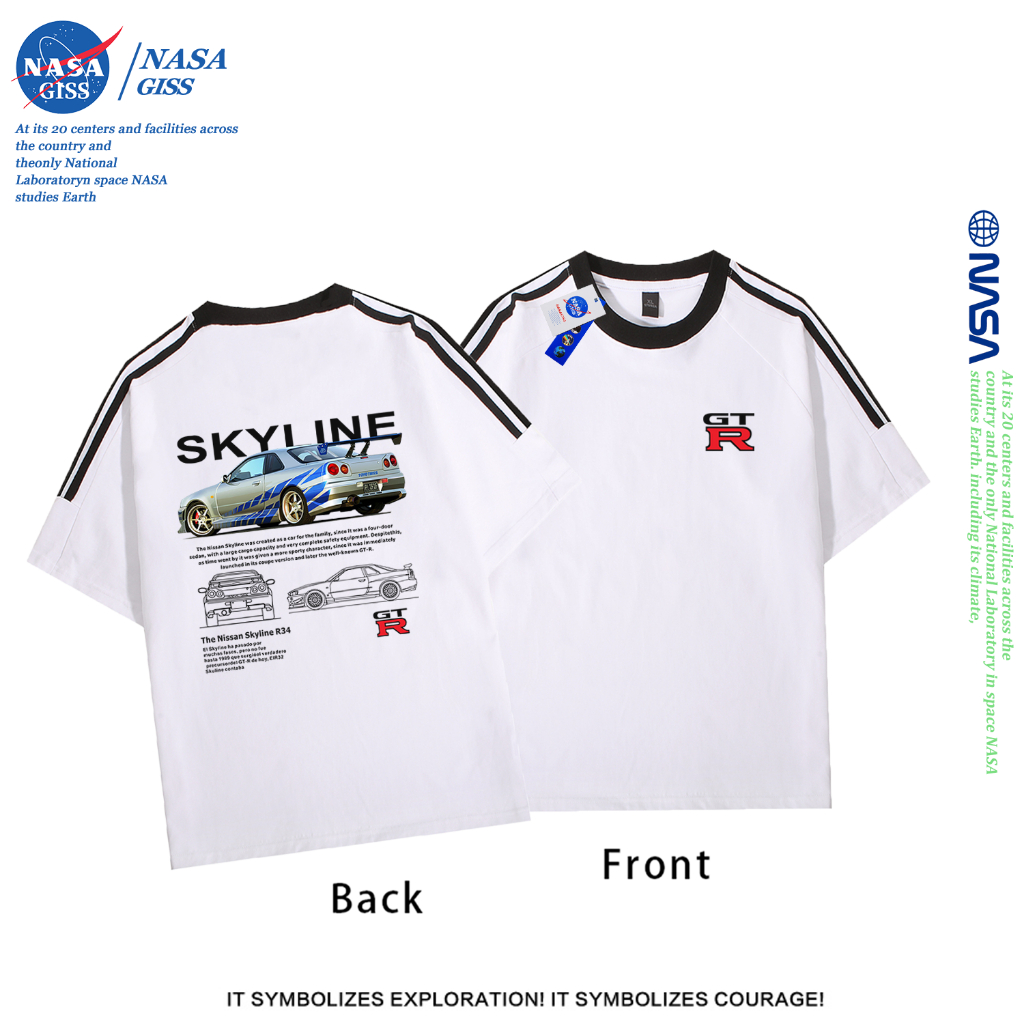 NASA เสื้อยืดสามแถบชายหญิง oversize แขนสั้น สไตล์ลำลอง summer GTR พิมพ์ลาย คอตตอน100% คอกลม หลวมและระบายอากาศ