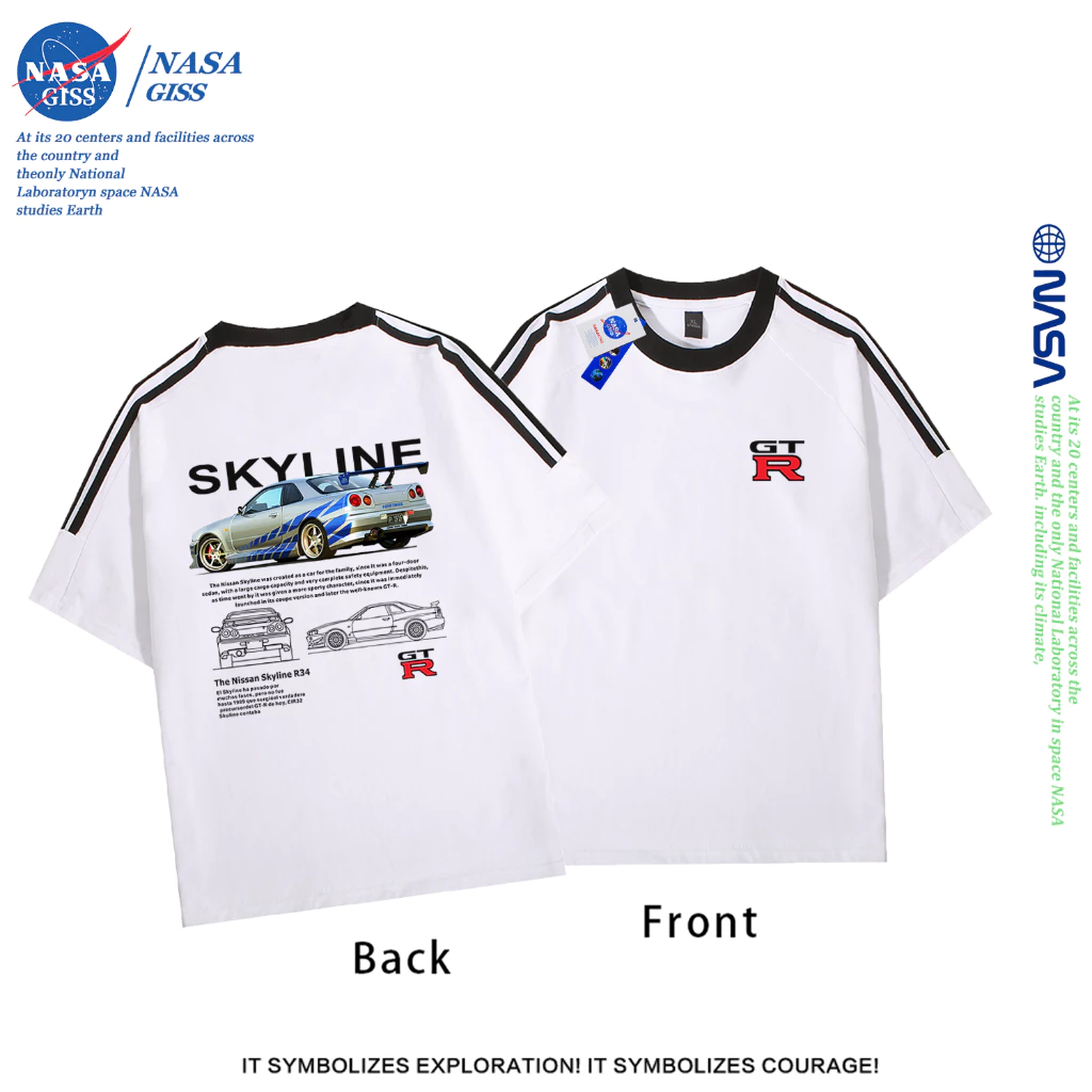 NASA เสื้อยืดสามแถบชายหญิง oversize แขนสั้น สไตล์ลำลอง summer GTR พิมพ์ลาย คอตตอน100% คอกลม หลวมและระบายอากาศ