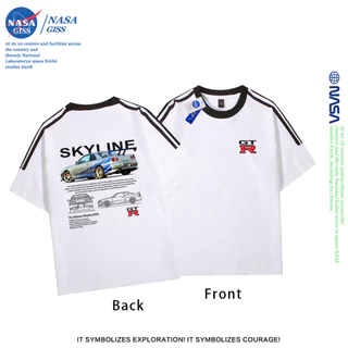 NASA เสื้อยืดสามแถบชายหญิง oversize แขนสั้น สไตล์ลำลอง summer GTR พิมพ์ลาย คอตตอน100% คอกลม หลวมและระบายอากาศ