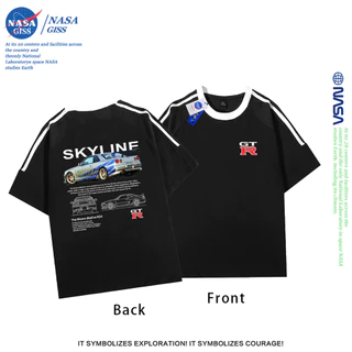 NASA เสื้อยืดสามแถบชายหญิง oversize แขนสั้น สไตล์ลำลอง summer GTR พิมพ์ลาย คอตตอน100% คอกลม หลวมและระบายอากาศ
