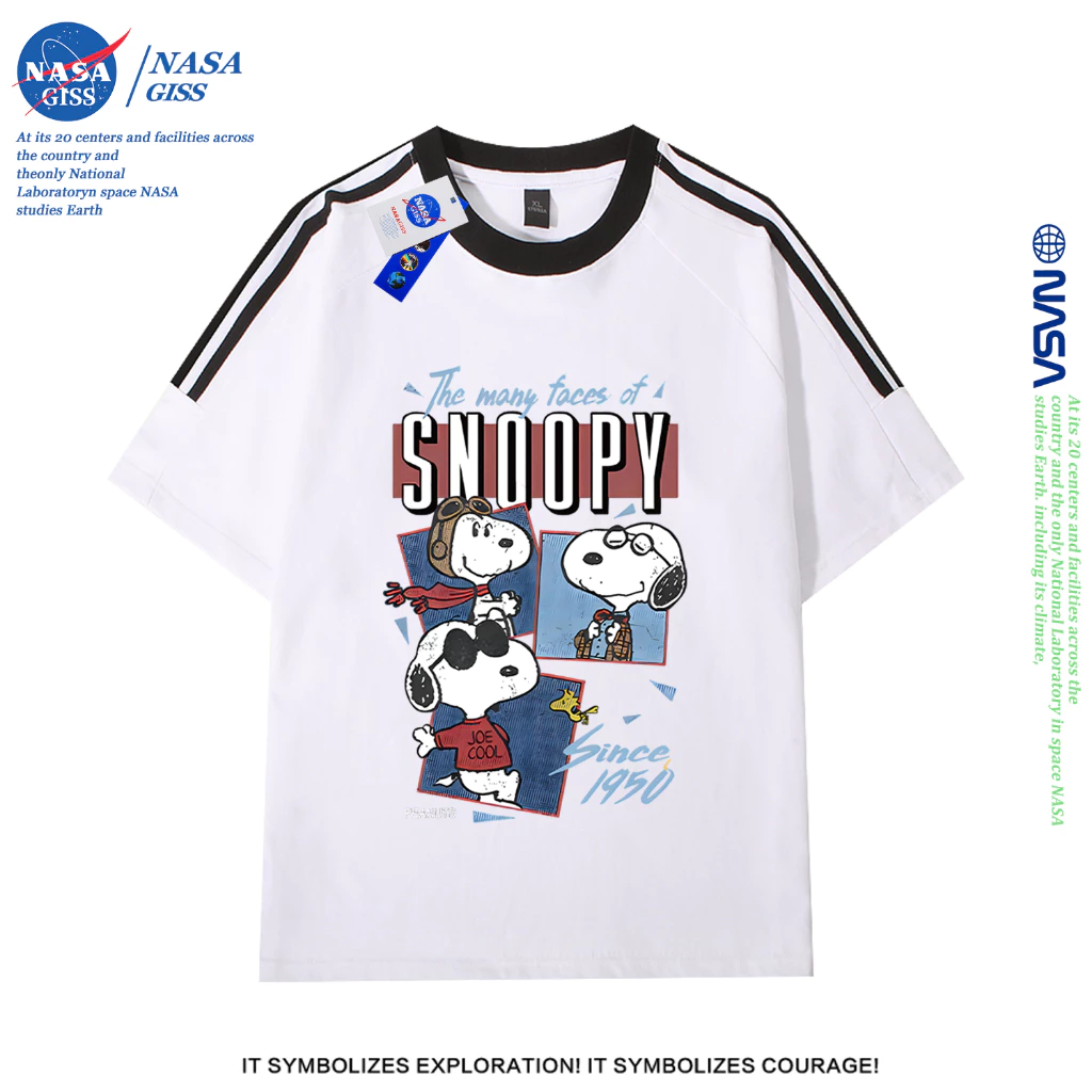 NASA เสื้อยืดสามแถบชายหญิง oversize แขนสั้น สไตล์ลำลอง summer สนูปี้ พิมพ์ลาย คอตตอน100% คอกลม หลวมและระบายอากาศ