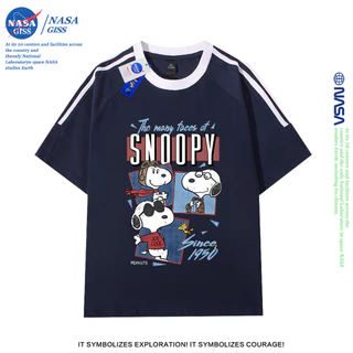 NASA เสื้อยืดสามแถบชายหญิง oversize แขนสั้น สไตล์ลำลอง summer สนูปี้ พิมพ์ลาย คอตตอน100% คอกลม หลวมและระบายอากาศ