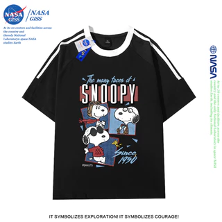NASA เสื้อยืดสามแถบชายหญิง oversize แขนสั้น สไตล์ลำลอง summer สนูปี้ พิมพ์ลาย คอตตอน100% คอกลม หลวมและระบายอากาศ